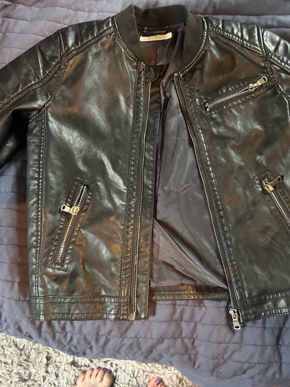 H&M Black Faux Leather Jacket with Zipper Details